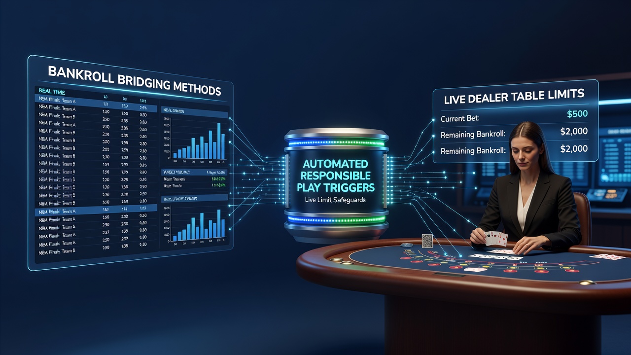 Illustratie van bankroll bridging tussen sportweddenschappen en live casino tafels met automatische limieten
