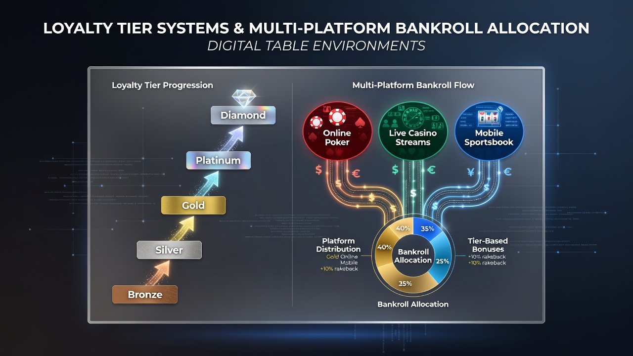 Diagram dat loyaliteitstiersystemen verbindt met bankrollverdeling over digitale tafelplatforms