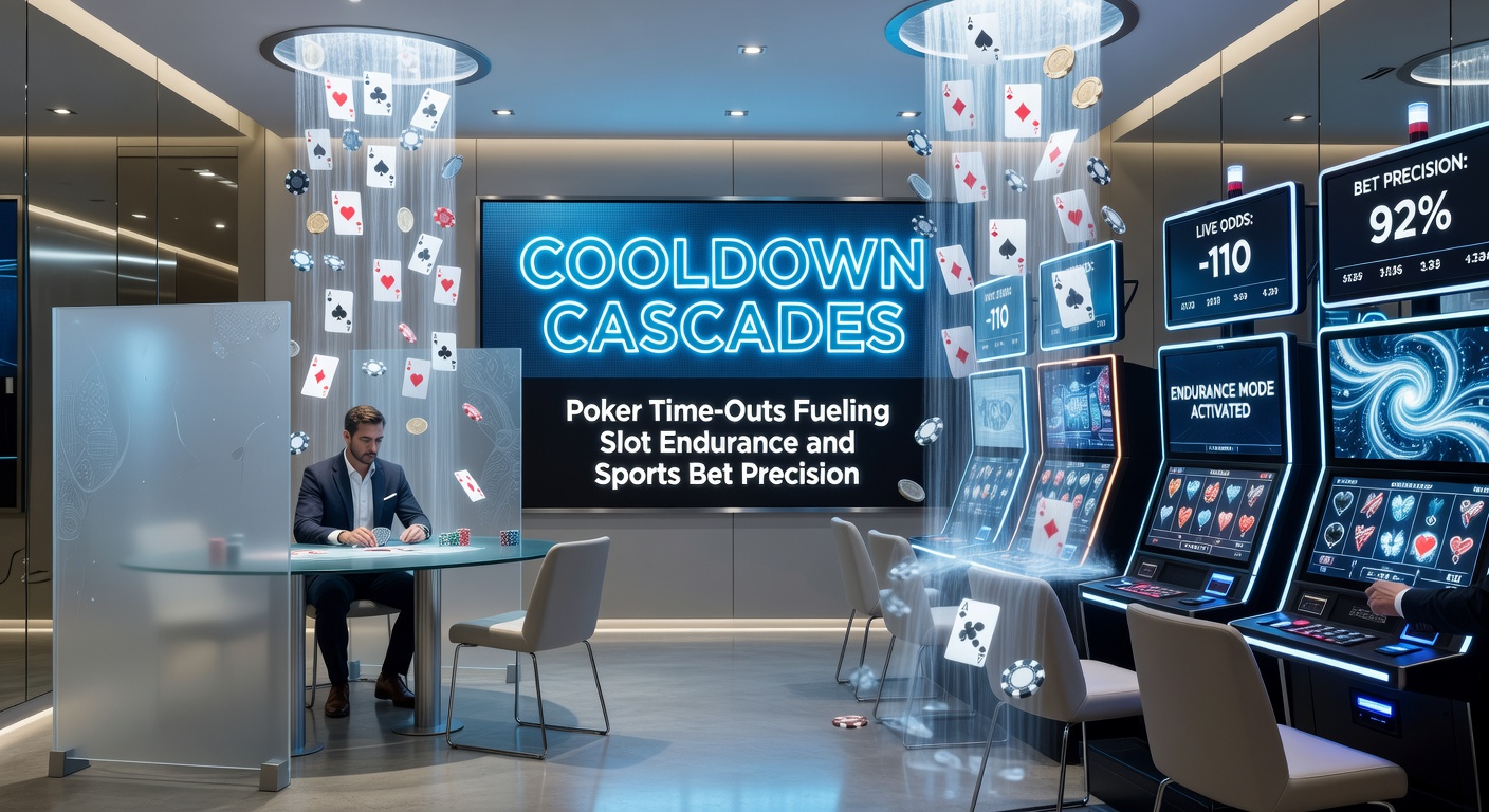Een pokerspeler die een time-out neemt aan een digitale tafel, met slotmachines en sportweddenschapsschermen op de achtergrond, symboliserend de cascade-effecten van pauzes op speelgedrag