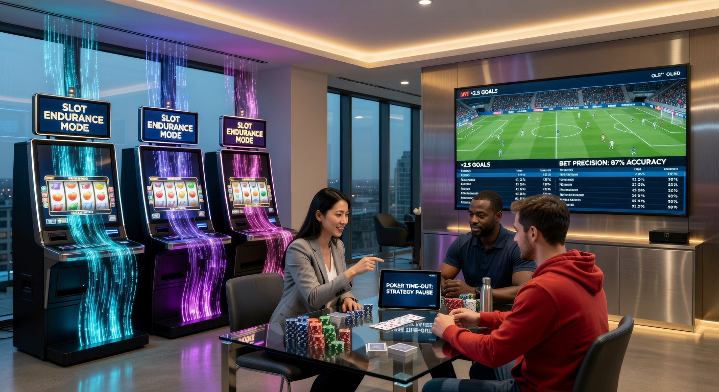 Slotrollen die vertragen tijdens een cooldown-pauze, met een sportweddenschap op een basketbalwedstrijd en pokerkaarten in een cascade-effect op het scherm