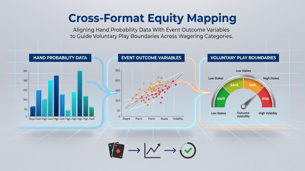 Diagram dat poker equity curves vergelijkt met sportweddenschapsuitkomsten en slot RTP variabelen in een mapping framework