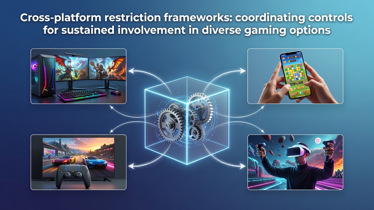 Diagram van cross-platform restrictiesystemen die verschillende gamingplatforms verbinden