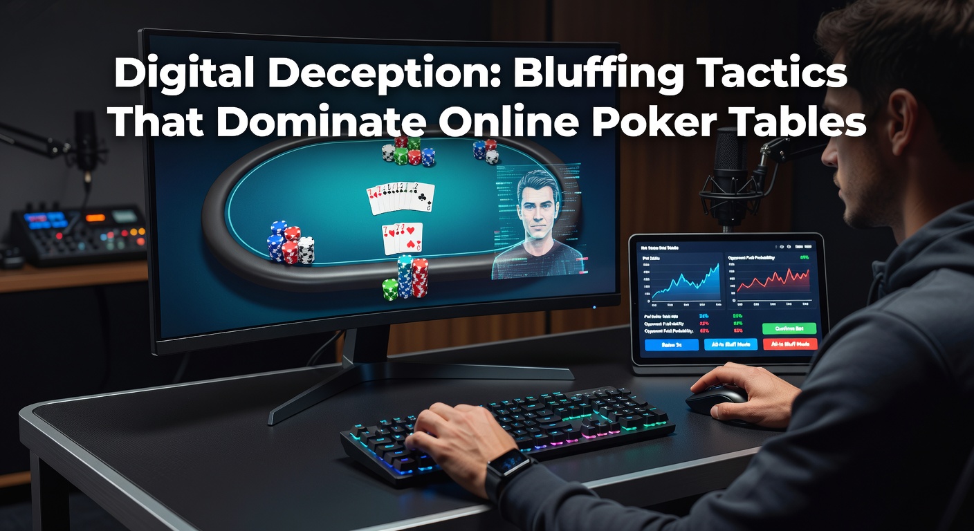 Een intense online pokertafel waar spelers kaarten analyseren en bluffen, met digitale chips en chatvensters zichtbaar