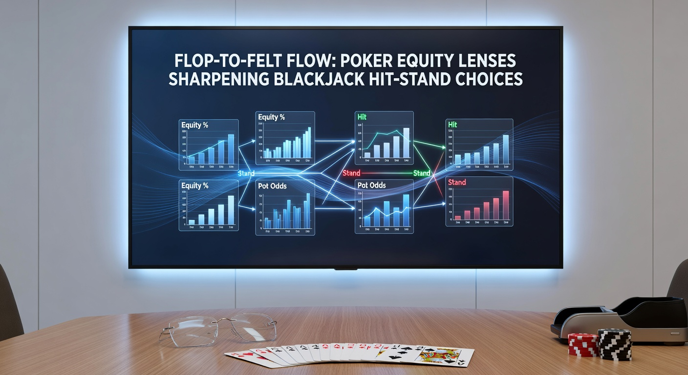 Blackjack tafel met poker equity overlay, illustrerend hit-stand beslissingen via kansberekeningen