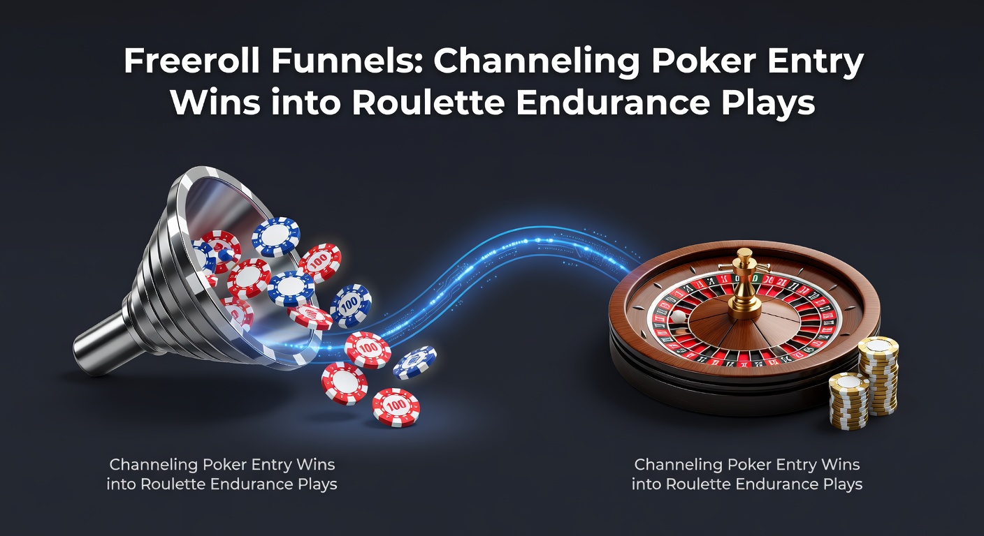 Speler aan een online pokertafel die een freeroll wint, met een funnel die leidt naar een roulettewiel voor langdurige sessies