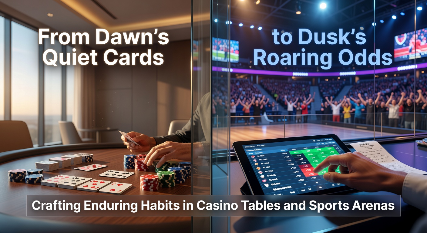 Een serene ochtendsessie aan een casino kaartentafel met zonsopganglicht filterend door de ramen, symboliserend rustige starts in gokroutines