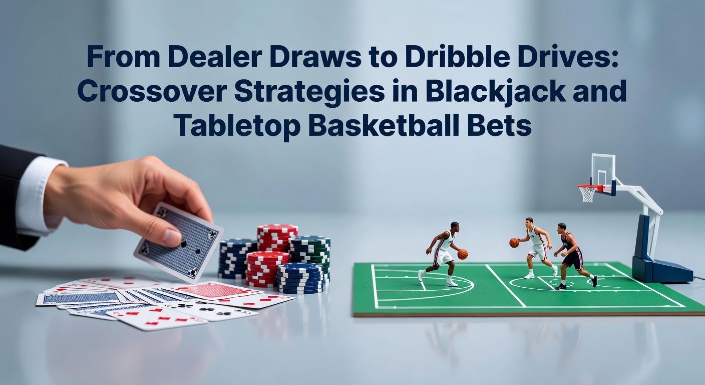 Een blackjacktafel naast een basketbalveld, symboliserend crossover strategieën tussen kaarten en sportweddenschappen