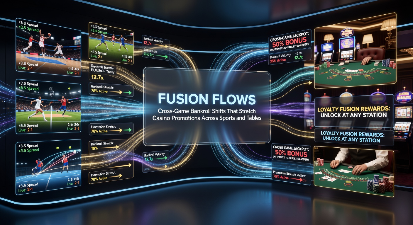 Voorbeeld van een fusion flow-cyclus: pijlen van sportweddenschappen naar roulette-tafels en slots, met promotie-labels en winstpercentages