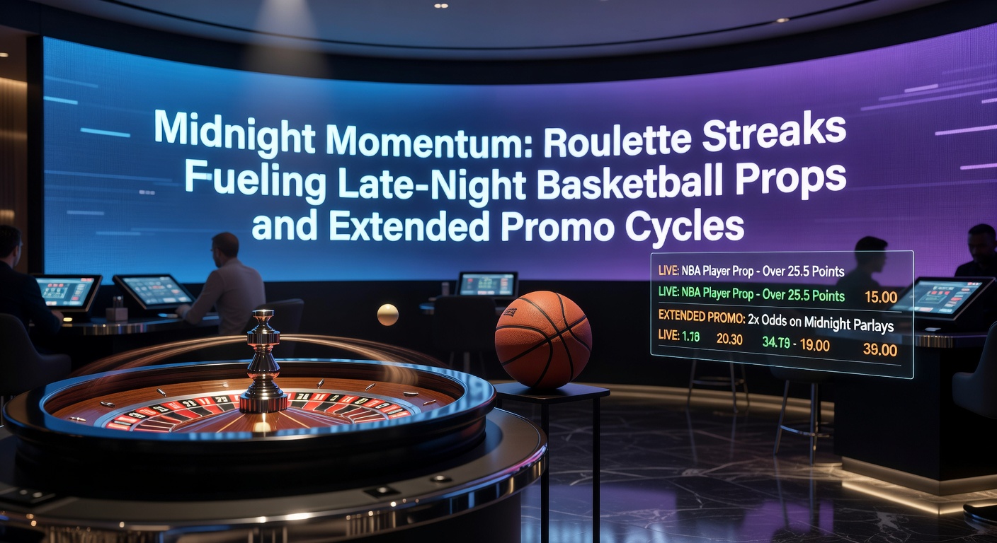 Een levendig roulettewiel draait onder neonlichten tijdens een nachtelijke sessie, met basketbalprops op een nabijgelegen scherm die momentum opbouwen