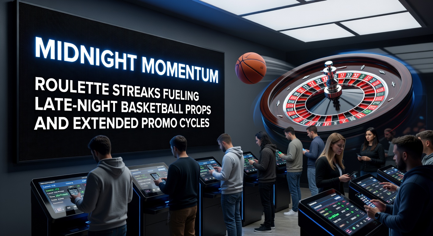 Een basketbalspeler scoort in een nachtelijk NBA-duel terwijl een roulette streak op een split-screen app doorloopt, symboliserend cross-momentum