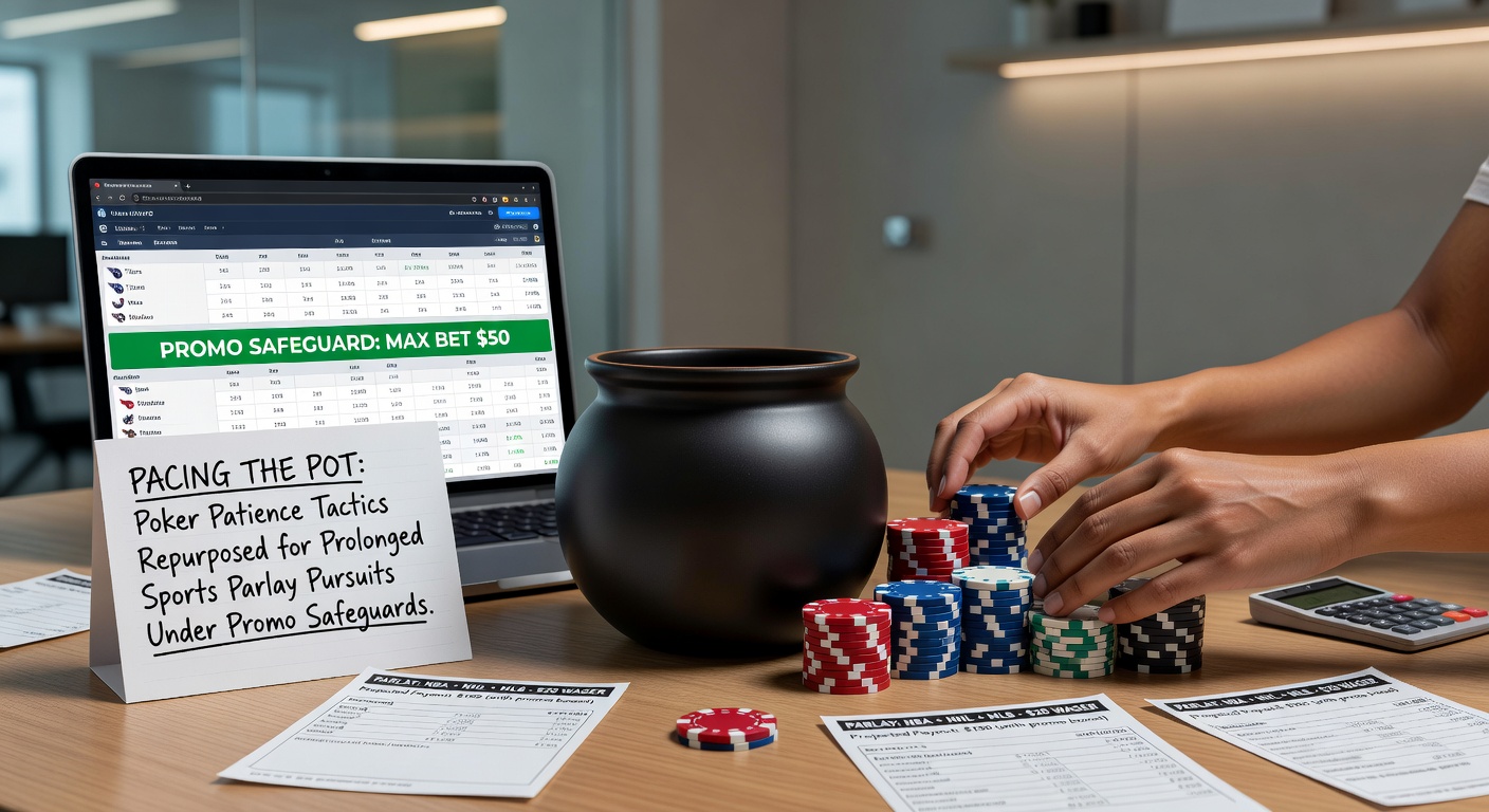 Een pokerspeler die nadenkt over een potgrootte tijdens een spannende hand, met sportweddenschermen op de achtergrond