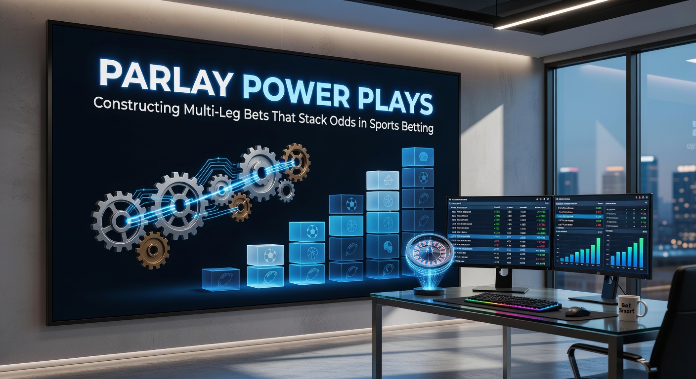 Een dynamische grafiek die multi-leg parlay bets illustreert met gestapelde odds in een sportweddenschapssetting, inclusief iconen van voetbal, tennis en basketball