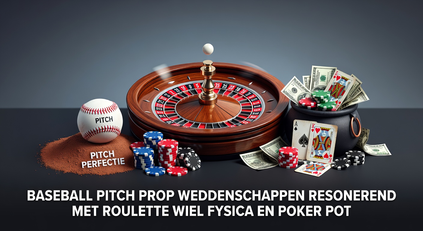 Close-up van een poker hand met pot odds berekeningen naast een baseball scorecard en roulette wiel, illustrerend strategische overlaps in weddenschappen