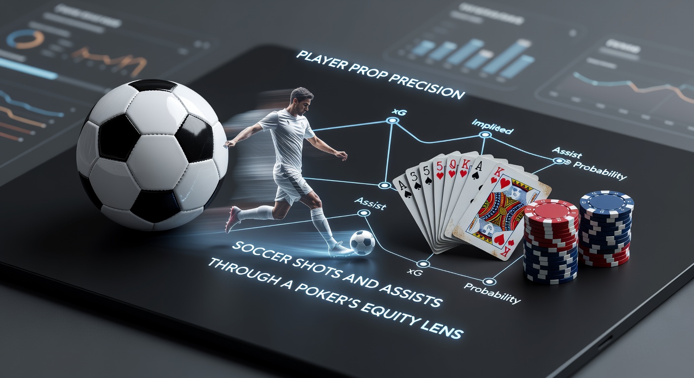 Voetbalspeler richt schot op doel met pokerkaarten die equity-percentages tonen in de achtergrond