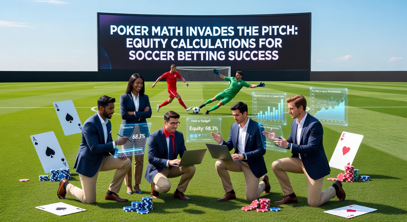 Voetbalveld met pokerkaarten en equity-grafieken overlay, symboliserend de fusie van pokermathematica en sportweddenschappen