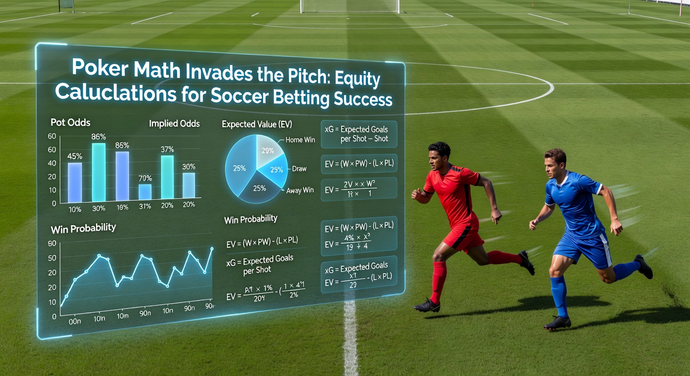 Grafiek met equity-curves voor een voetbalwedstrijd, naast poker equity calculator interface, illustrerend probabilistische modellering