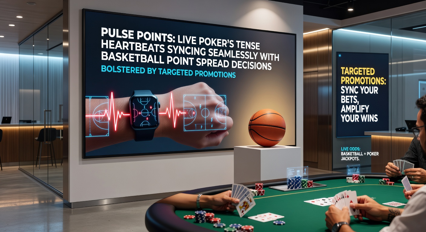 Een live poker tafel waar spelers intens focussen, met een basketbalwedstrijd op een scherm op de achtergrond, symboliserend de synchronisatie van spanningen