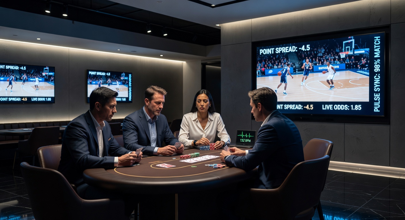 Een basketbal point spread grafiek naast een live poker hand analyse, illustrerend de strategische overlap met promotie icons