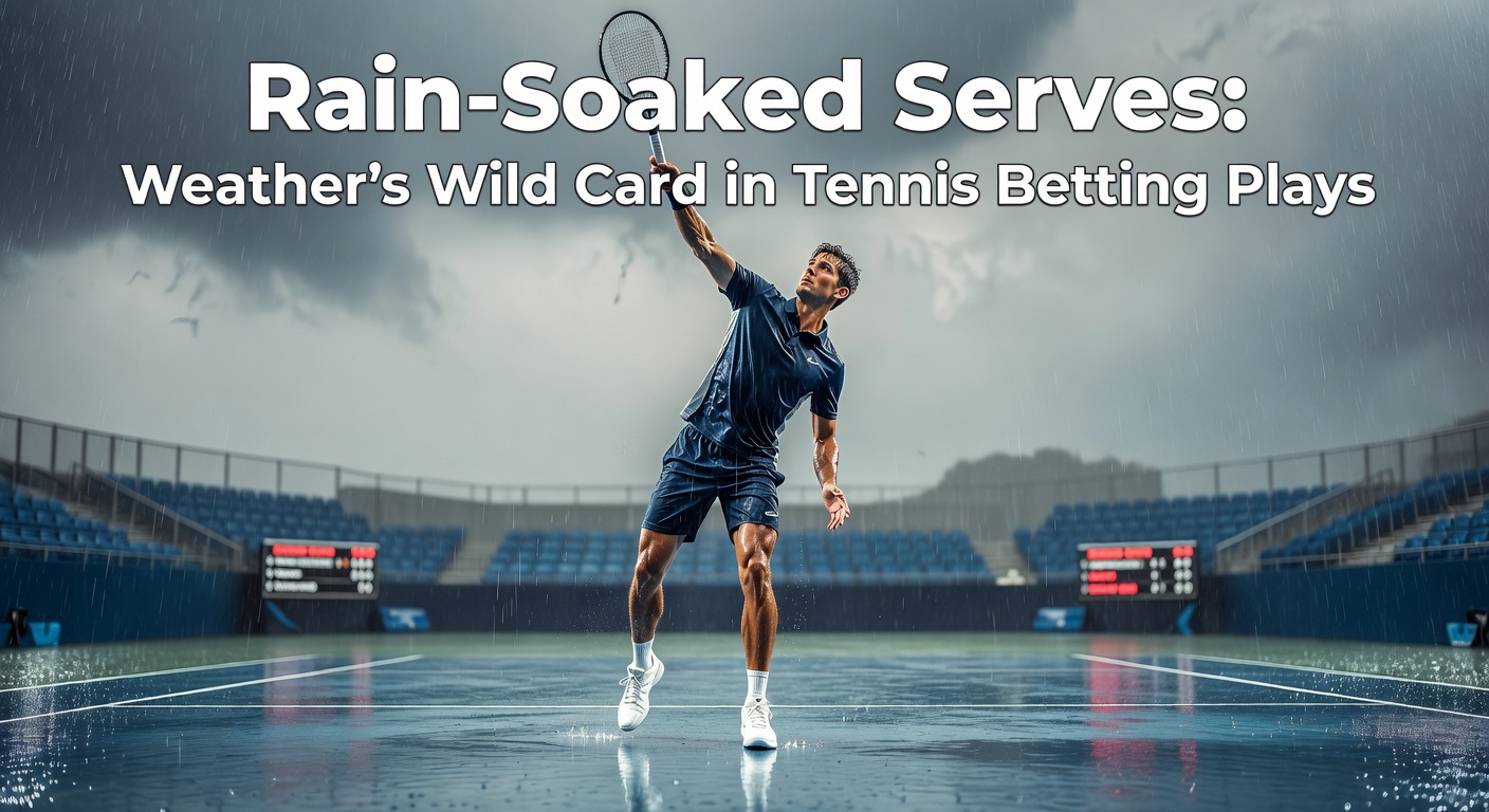 Tennisspeelster serveert onder dreigende regenwolken op een natte baan tijdens een professioneel toernooi, met waterdruppels zichtbaar op de lijnen