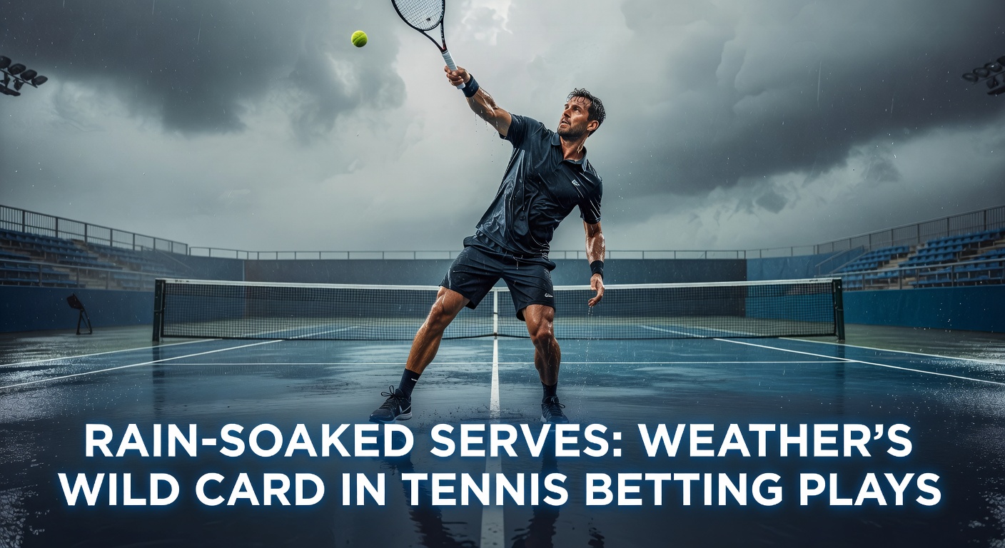 Grafiek met regendata en winstkansen in tennistoernooien, tonen pieken in upsets tijdens natte wedstrijden op diverse oppervlakken
