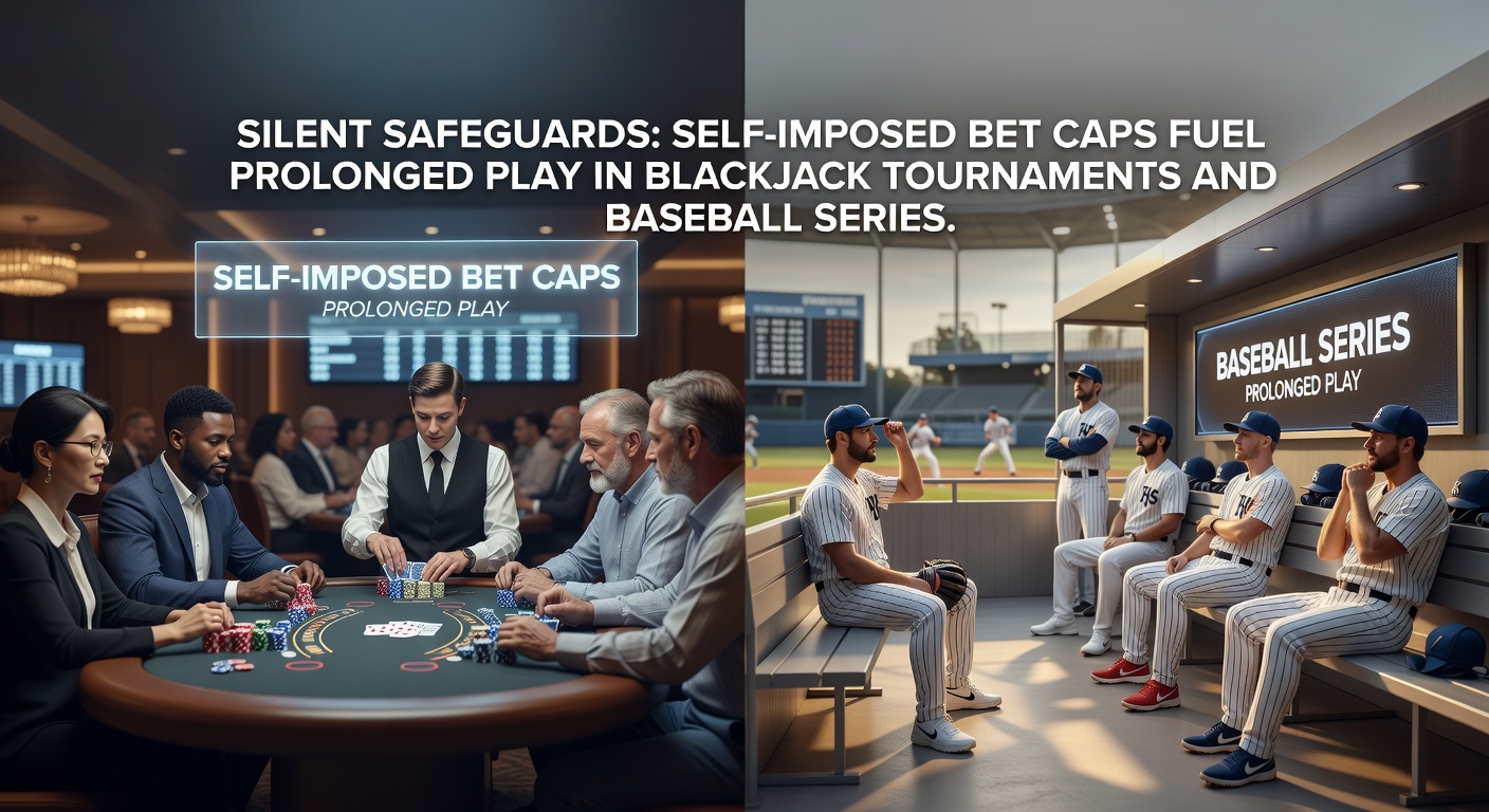 Een blackjacktafel tijdens een toernooi met spelers die zorgvuldig chips stapelen, symboliserend zelfopgelegde limieten voor langdurig spel