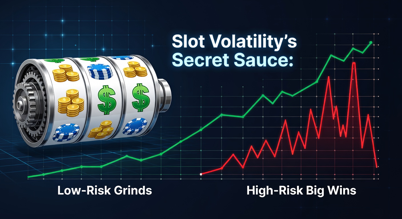 Slotmachine met gloeiende symbolen die volatiliteit illustreren, lage en hoge risico-indicatoren zichtbaar
