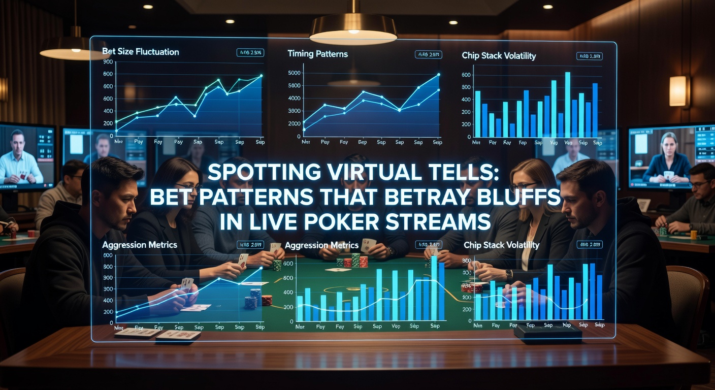 Een pokerstream waar spelers inzetpatronen analyseren op een live tafel, met close-ups van chips en kaarten op schermen
