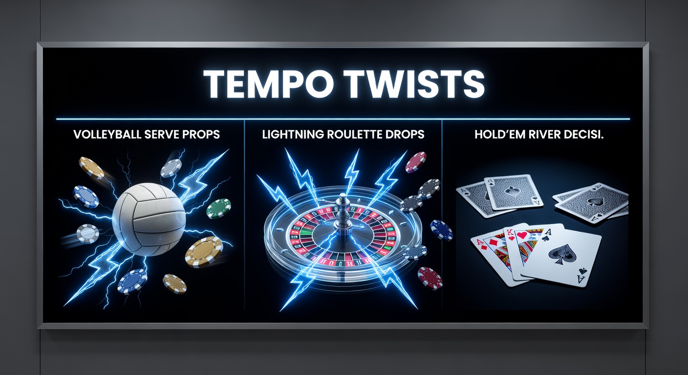 Close-up van een pokerriver-beslissing naast een Lightning Roulette drop en volleybal serve in actie