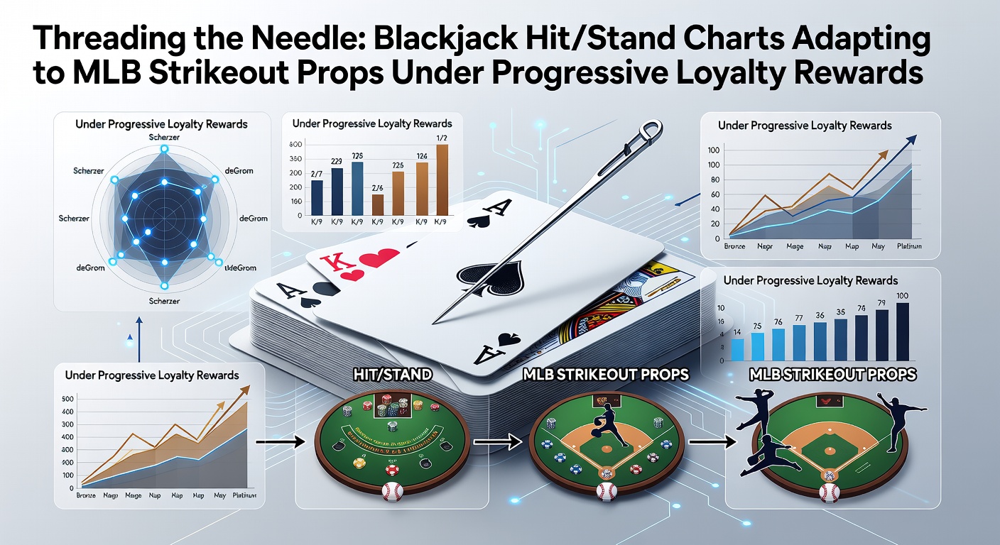 Blackjack hit/stand tabel naast MLB strikeout statistieken met loyaliteitskaarten op een speeltafel