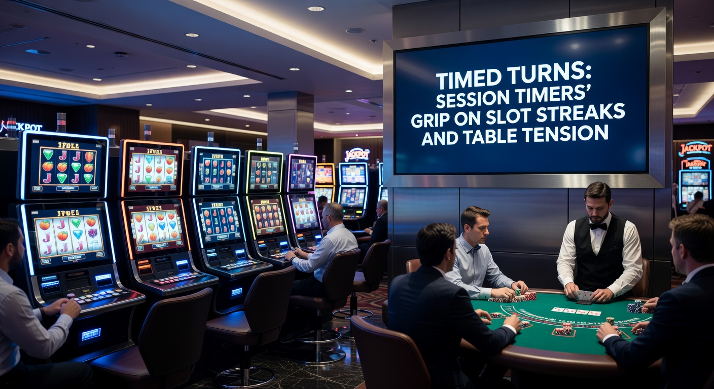 Een dynamische weergave van een online slotmachine met een knipperende sessie-timer op het scherm, symboliserend onderbroken streaks tijdens het spelen