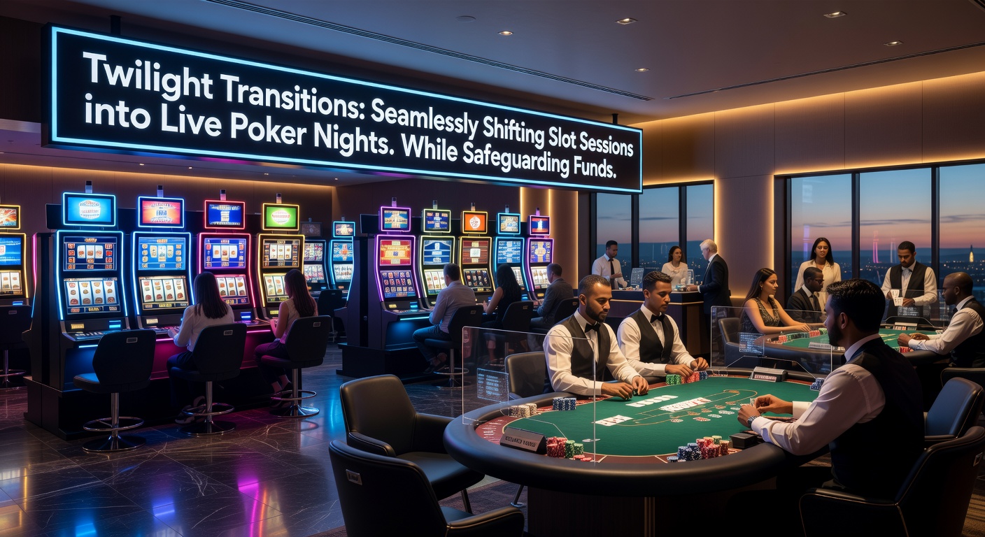 Speler die overgaat van een slotmachine naar een live poker tafel, met een bankroll-tracker op de achtergrond